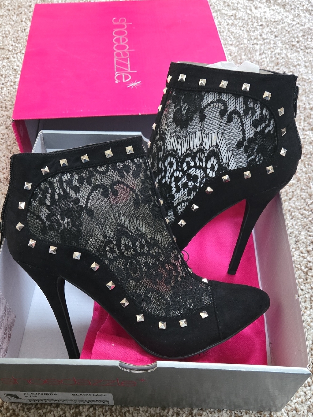 Shoe Dazzle Black Lace Studded High Heel Ankle Boots